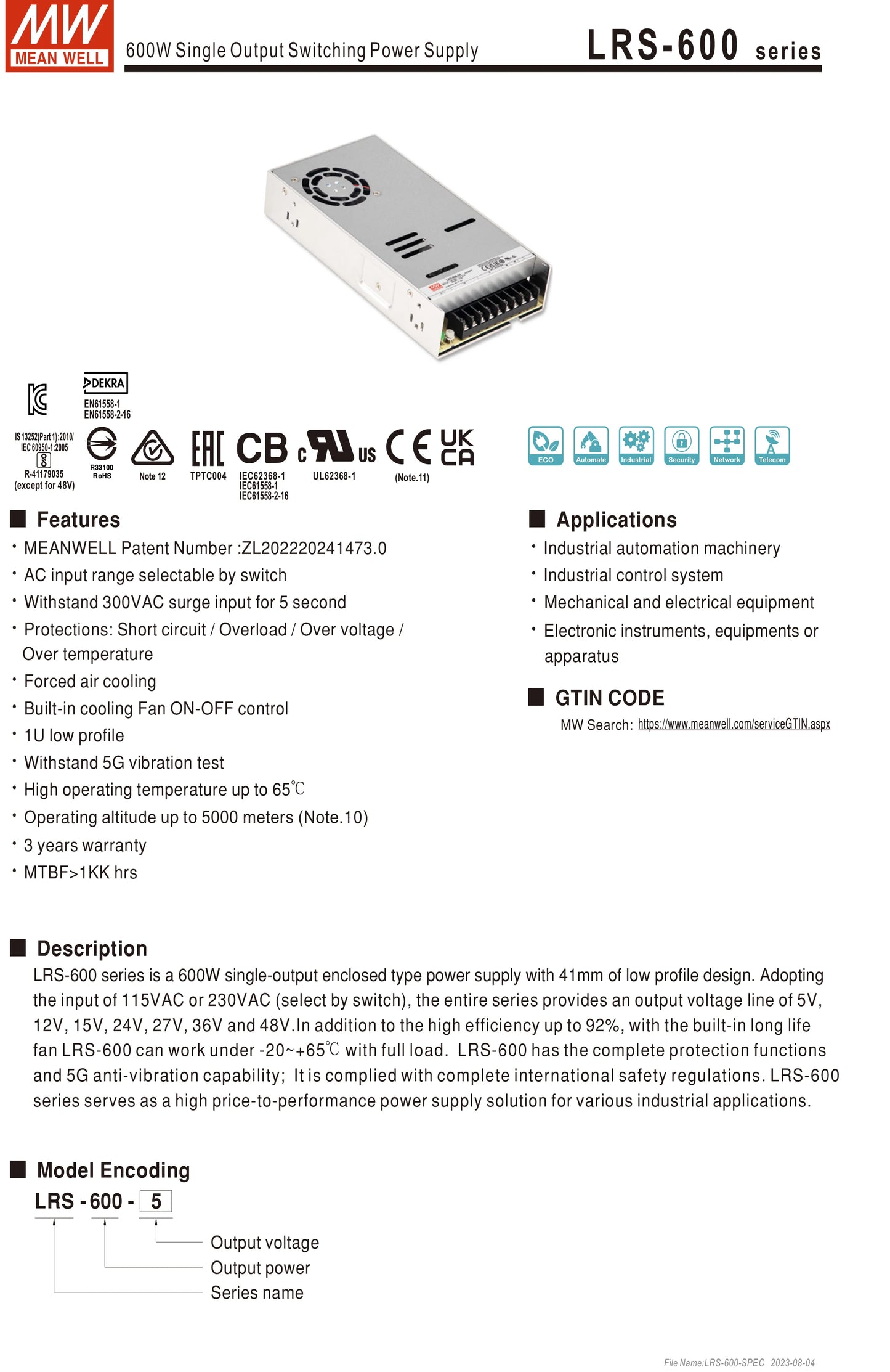 Mean Well LRS-Series Single Output Switching Power Supply (5, 12, 15, 24, 36, 48)V (50, 75, 100, 150, 200, 350, 450, 600) W